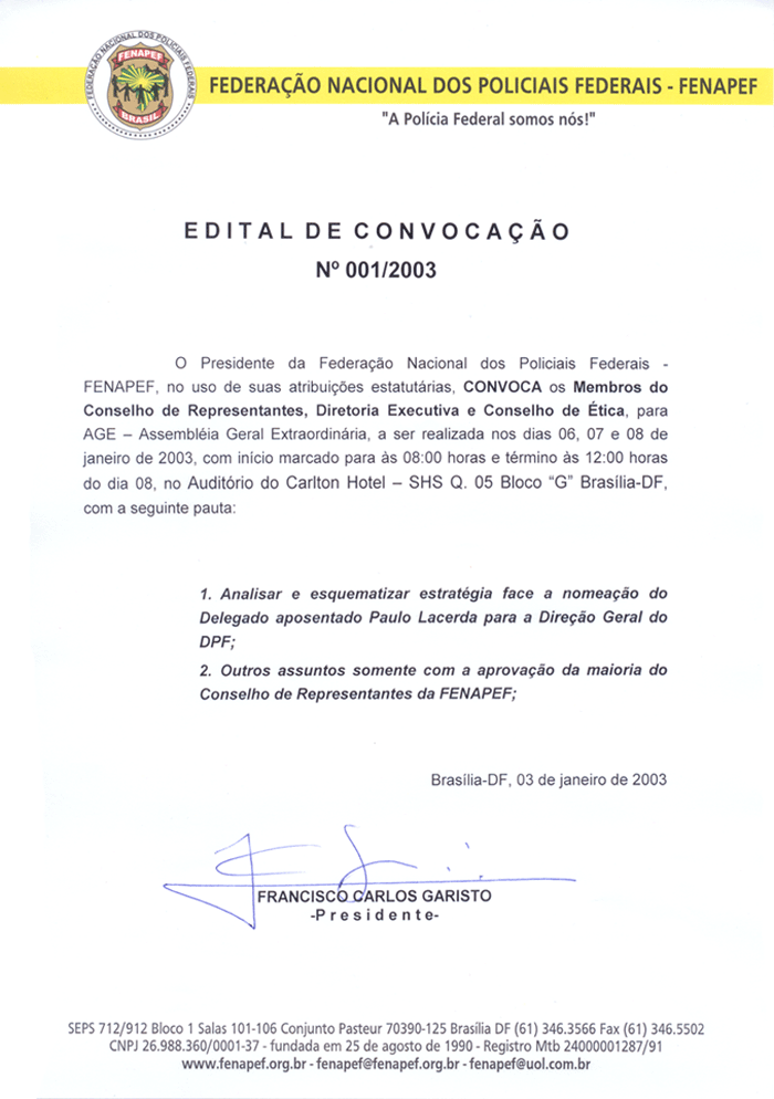 FENAPEF convoca conselho para discutir nomeação de Paulo Lacerda